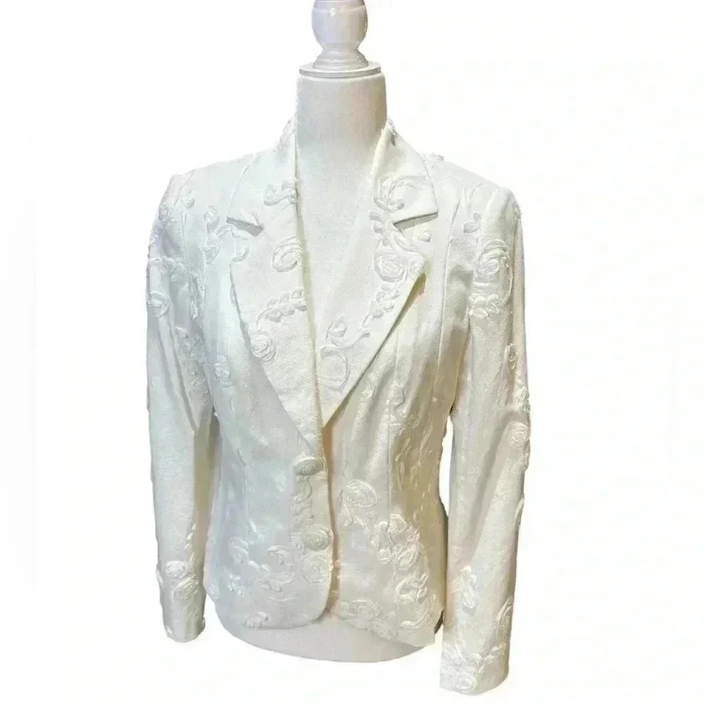 Lena Gabrielle White floral abstract embellished dinner jacket size 6